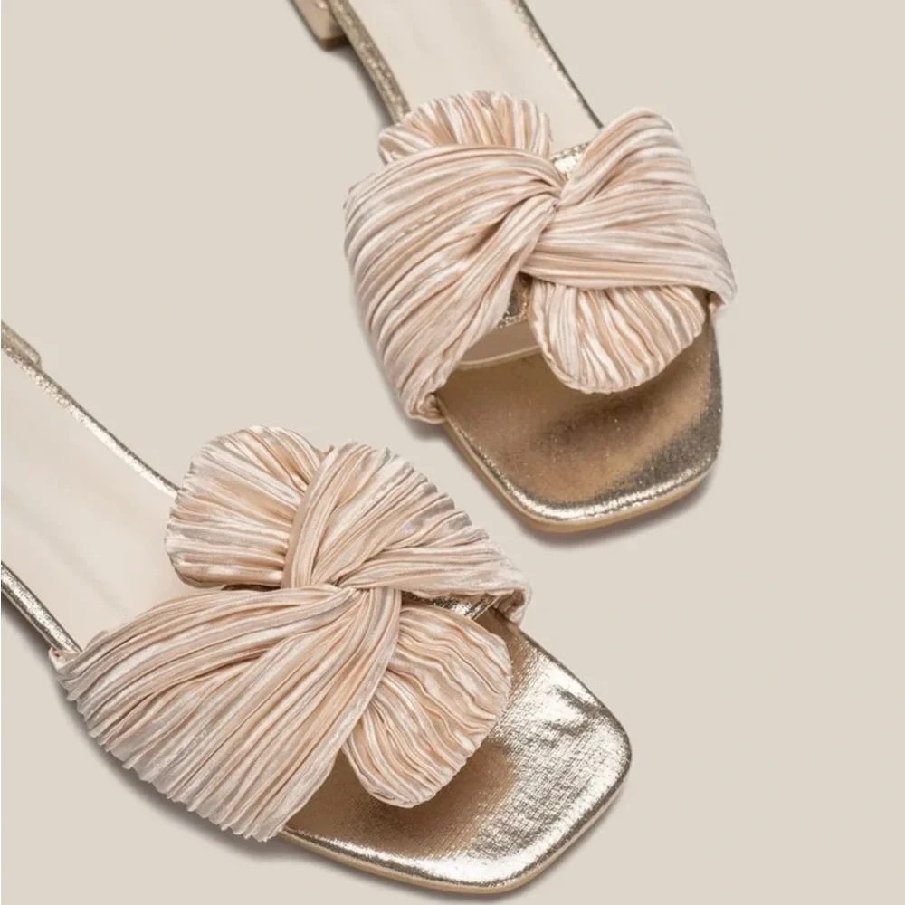 Champagne / gold Twist Decor Fabric Open Toe Slide Sandals